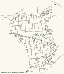 Black simple detailed street roads map on vintage beige background of the neighbourhood Iserbrook quarter of the Altona borough (bezirk) of the Free and Hanseatic City of Hamburg, Germany
