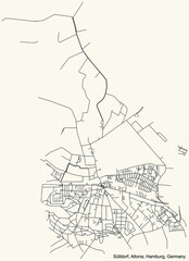 Black simple detailed street roads map on vintage beige background of the neighbourhood Sülldorf quarter of the Altona borough (bezirk) of the Free and Hanseatic City of Hamburg, Germany
