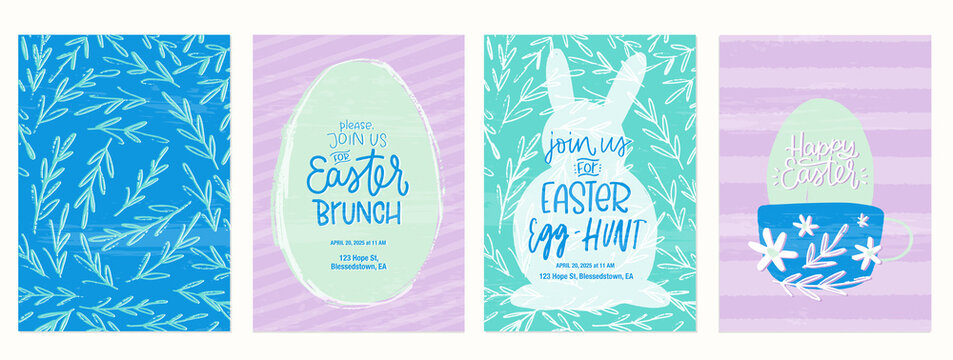 Easter brunch, egg hunt party invitation, greeting card and background set. Tea cup with egg, bunny frame and leaves pattern vector design set.