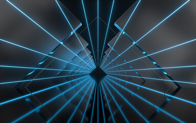 Triangle tunnel with cubes on sides, 3d rendering.