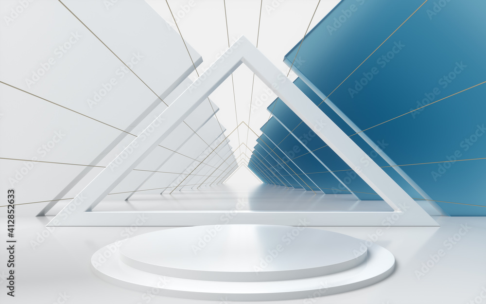 Poster triangle tunnel with cubes on sides, 3d rendering.