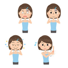 お肌の悩みを持つ女性イラストのセット