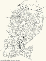 Black simple detailed street roads map on vintage beige background of the neighbourhood Niendorf quarter of the Eimsbüttel borough (bezirk) of the Free and Hanseatic City of Hamburg, Germany