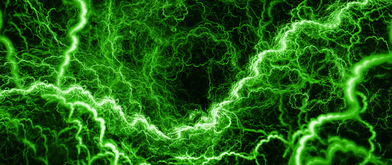 Green glowing high voltage lightning abstract background - 412853014