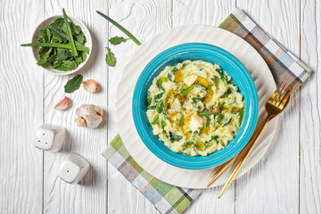 Irish colcannon on a bowl, top view, close-up
