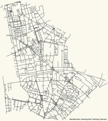Black simple detailed street roads map on vintage beige background of the neighbourhood Barmbek-Nord quarter of the Hamburg-Nord borough (bezirk) of the Free and Hanseatic City of Hamburg, Germany