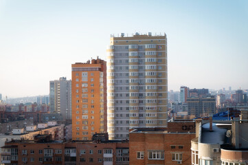 urban autumn landscape, multi-storey buildings against the blue sky in Rostov-on-Don