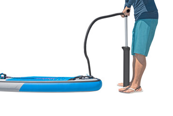 Man inflating stand-up paddle board and isolated on white background