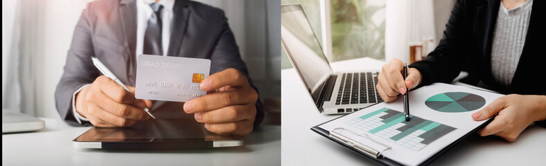 Business people use tablets and hold credit cards as an online shopping concept With a calculator and a book placed on the table