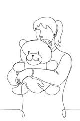 young woman or teenage girl cuddles a soft toy. one line drawing concept of affection for favorite child's toy, childhood memories, infantile purchase, tactile need, love for soft and cute things