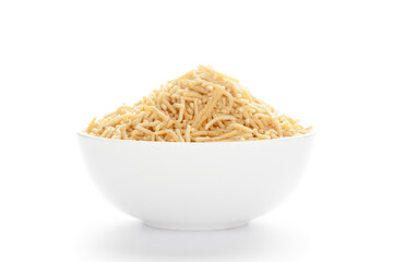 Crunchy Roasted Chana Masala in  white Ceramic bowl, made with Bengal Grams or Chickpeas. Pile of Indian spicy snacks (Namkeen), under top lighting, Front view, against the white background.