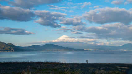 Man fishing with a Mount Fuji view