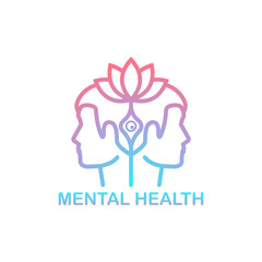 Mental health logo. Two heads are connected with a flower as a symbol of calmness. Psychological help, psychiatry concept. Cognitive development. Vector illustration flat design. Psychiatry concept.
