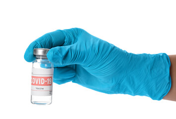 Doctor holding vial with vaccine against Covid-19 on white background, closeup