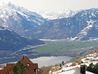 View of the settlement of Amden above the Lake Walen or Lake Walenstadt (Walensee) and the fertile...