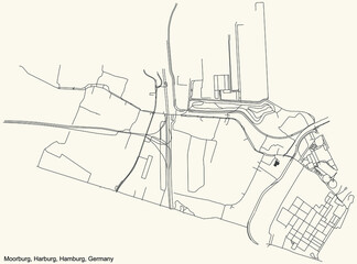 Black simple detailed street roads map on vintage beige background of the neighbourhood Moorburg quarter of the Harburg borough (bezirk) of the Free and Hanseatic City of Hamburg, Germany