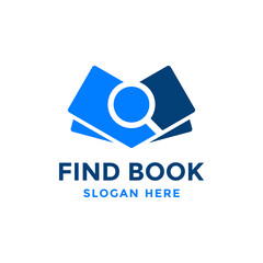 Find book logo design template. Book icon with magnifying glass combination. Review search symbol. Concept of analysing, correcting, evaluating, surveying, etc.