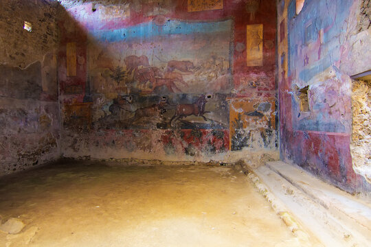 Interior of an ancient house with frescoes and columns at Pompeii destroyed by the eruption of Vesuvius in the year 79 AC. Campania, Italy.
