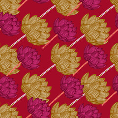 Botanic vintage japan seamless pattern with doodle hand drawn lotus flower ornament. Red background.