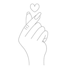 Korean heart drawn by fingers. Sketch. Expressing love with a romantic gesture. Vector illustration. Outline on an isolated white background. Valentines Day. Coloring book for children. Doodle style. 