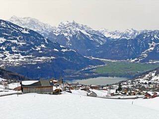 View of the settlement of Amden above the Lake Walen or Lake Walenstadt (Walensee) and the fertile...