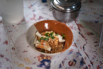 A dish of Santohu or in Thai name Khao Ram Fuen  (Burmese noodle ) at The Phahurat (Indian town) in Bangkok Thailand