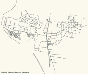 Black simple detailed street roads map on vintage beige background of the neighbourhood Sinstorf quarter of the Harburg borough (bezirk) of the Free and Hanseatic City of Hamburg, Germany