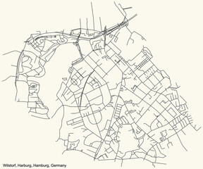 Naklejka premium Black simple detailed street roads map on vintage beige background of the neighbourhood Wilstorf quarter of the Harburg borough (bezirk) of the Free and Hanseatic City of Hamburg, Germany