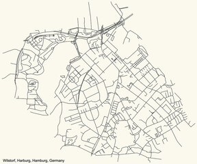 Black simple detailed street roads map on vintage beige background of the neighbourhood Wilstorf quarter of the Harburg borough (bezirk) of the Free and Hanseatic City of Hamburg, Germany