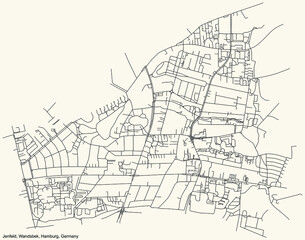Black simple detailed street roads map on vintage beige background of the neighbourhood Jenfeld quarter of the Wandsbek borough (bezirk) of the Free and Hanseatic City of Hamburg, Germany
