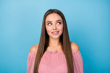 Portrait of minded girl look copyspace think thoughts wear modern clothes isolated over blue color...