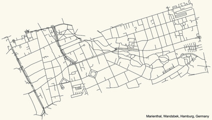 Black simple detailed street roads map on vintage beige background of the neighbourhood Marienthal quarter of the Wandsbek borough (bezirk) of the Free and Hanseatic City of Hamburg, Germany