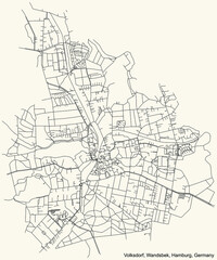 Black simple detailed street roads map on vintage beige background of the neighbourhood Volksdorf quarter of the Wandsbek borough (bezirk) of the Free and Hanseatic City of Hamburg, Germany