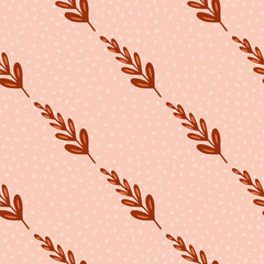 Doodle seamless pattern with hand drawn red branches ornament. Pink dotted background. Flora print.