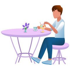 Guy in a cafe or at home. The character is sitting at the table, drinking tea or coffee with ice cream. Rest, vacation or lunch break concept between work. Drawn flat style with gradient. Vector