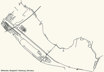 Black simple detailed street roads map on vintage beige background of the neighbourhood Billwerder quarter of the Bergedorf borough (bezirk) of the Free and Hanseatic City of Hamburg, Germany
