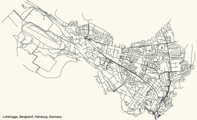 Black simple detailed street roads map on vintage beige background of the neighbourhood Lohbrügge quarter of the Bergedorf borough (bezirk) of the Free and Hanseatic City of Hamburg, Germany