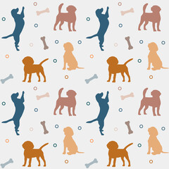 Fototapeta premium Seamless colorful pattern with dogs and bones. Background for pet shop, veterinary clinic, pet store, zoo, shelter. Flat style design, vector illustration.