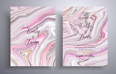 Modern set of wedding invitations with stone texture. Agate vector covers with marble effect and place for text, pink, gray and white colors. Designed for posters, packaging and etc