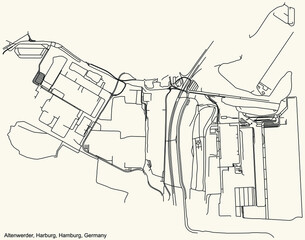 Black simple detailed street roads map on vintage beige background of the neighbourhood Altenwerder quarter of the Harburg borough (bezirk) of the Free and Hanseatic City of Hamburg, Germany