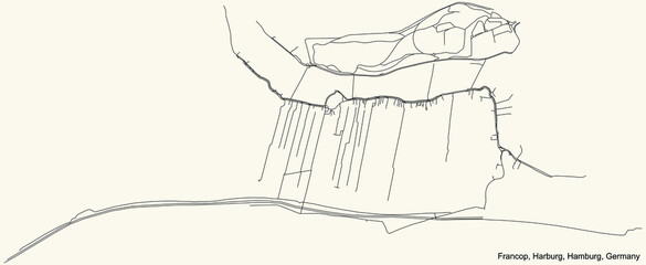 Black simple detailed street roads map on vintage beige background of the neighbourhood Francop quarter of the Harburg borough (bezirk) of the Free and Hanseatic City of Hamburg, Germany