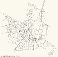 Black simple detailed street roads map on vintage beige background of the neighbourhood Harburg quarter of the Harburg borough (bezirk) of the Free and Hanseatic City of Hamburg, Germany