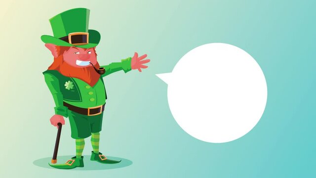 happy saint patricks day animation with leprechaun character and speech bubble