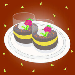 Two glasses of sweet cake, vector design illustration on a plate with brown background.