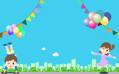 元気な子供と青空の街の背景