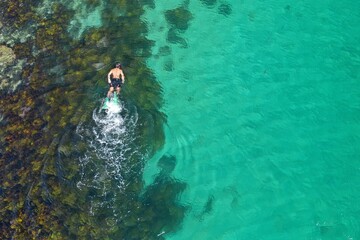 snorkeling over seaweed in the blue waters of the Pacific Ocean.