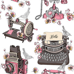 Seamless pattern with image of a vintage Typewriter, Sewing machine, Camera Box, Telephone, Cherry Flowers and a birds. Vector illustration.