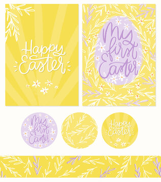 Happy Easter and My first Easter botanical greeting card set for baby with gift tag and seamless border in yellow and lilac colours. Vector hand drawn graphic.