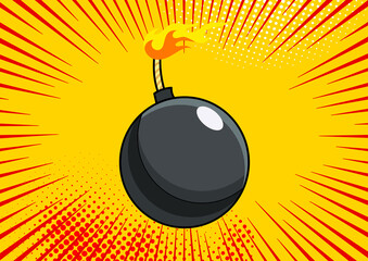 Pop art bomb on comic pop art retro style background. Terrorism is a danger of destruction. Wallpaper cartoon bomb at background with dots halftone and sunburst