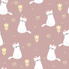 Seamless pattern with cute cartoon cats and heart for fabric print, textile, gift wrapping paper. colorful vector for kids, flat style